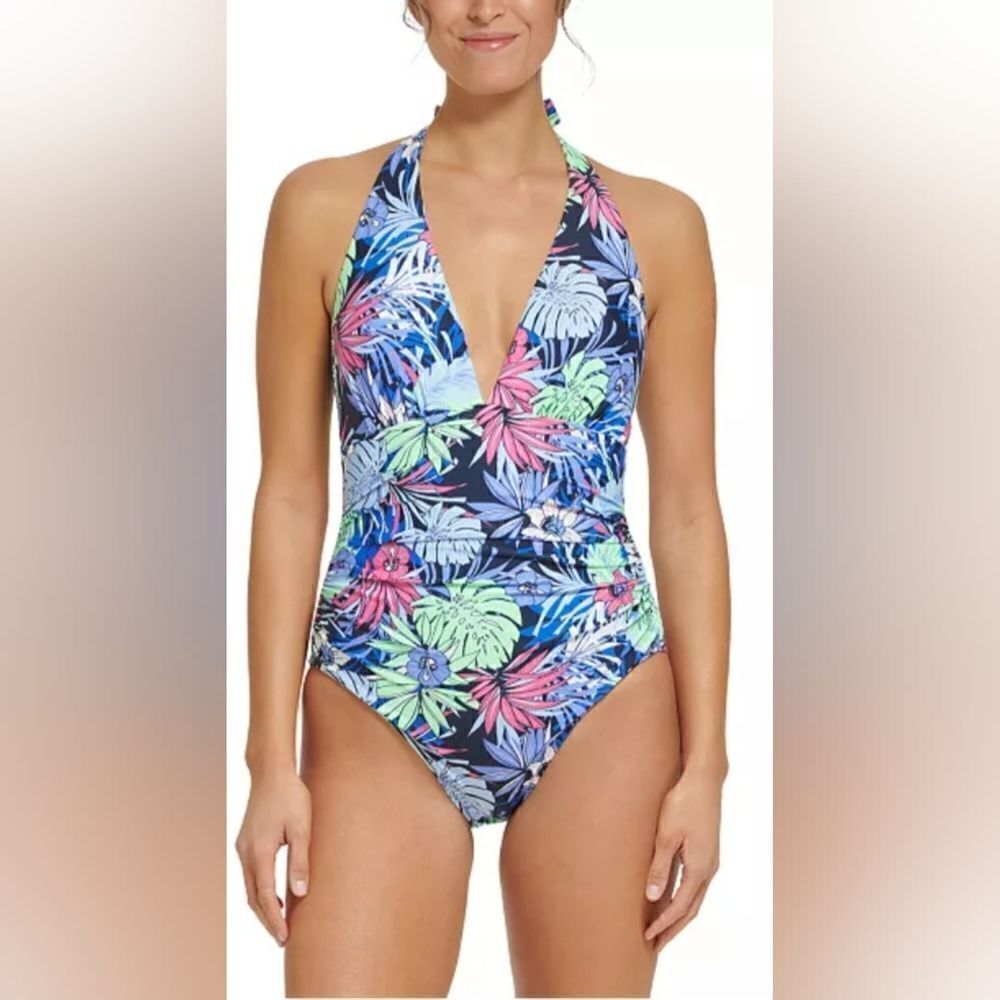 TOMMY HILFIGER Tummy-Control Halter One-Piece Swimsuit NWT size 8 Tropical print